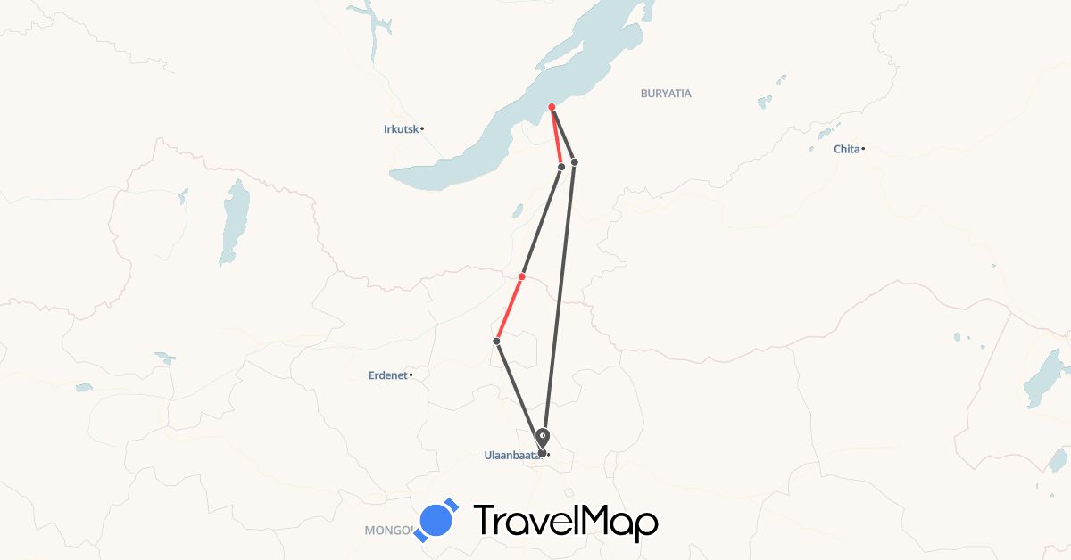 TravelMap itinerary: driving, hiking, motorbike in Mongolia, Russia (Asia, Europe)